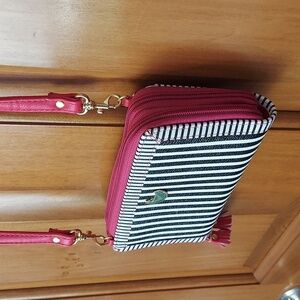 * Buxton Wallet Black and White Striped Pink Trim Adjustable Strap, Like New